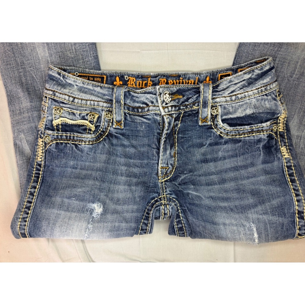 Rock Revival Celine Capri Jeans Womens 29 Blue Distressed Embroidered  Denim - Picture 4 of 10